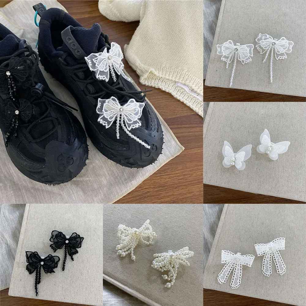 Korean Sweet Beaded Bow Shoelace Decoration Pearl Lace Bowknot Shoelace Buckle For Girls Casual Shoes Charms Decor