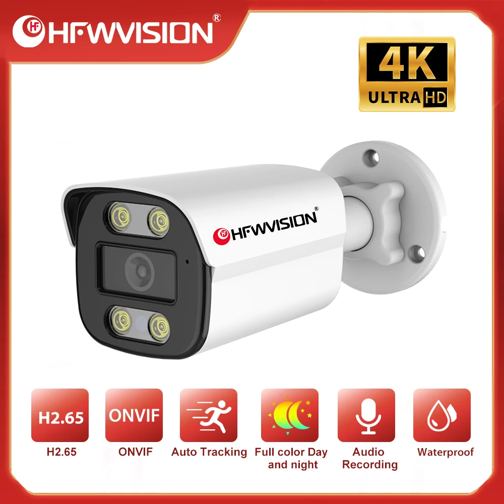 HFWVISION Outdoor Surveillance Camera Set Metal Housing 4K 8MP POE Camera Mic Onvif 30M Starlight Full Color Night Vision