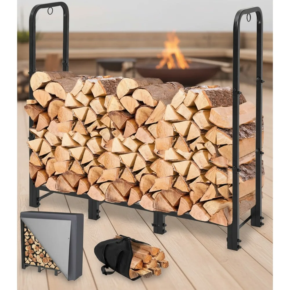 

4 фута уличная стойка для дров с крышкой и переноской, сверхмощная регулируемая деревянная подставка для хранения для патио, камина на заднем дворе