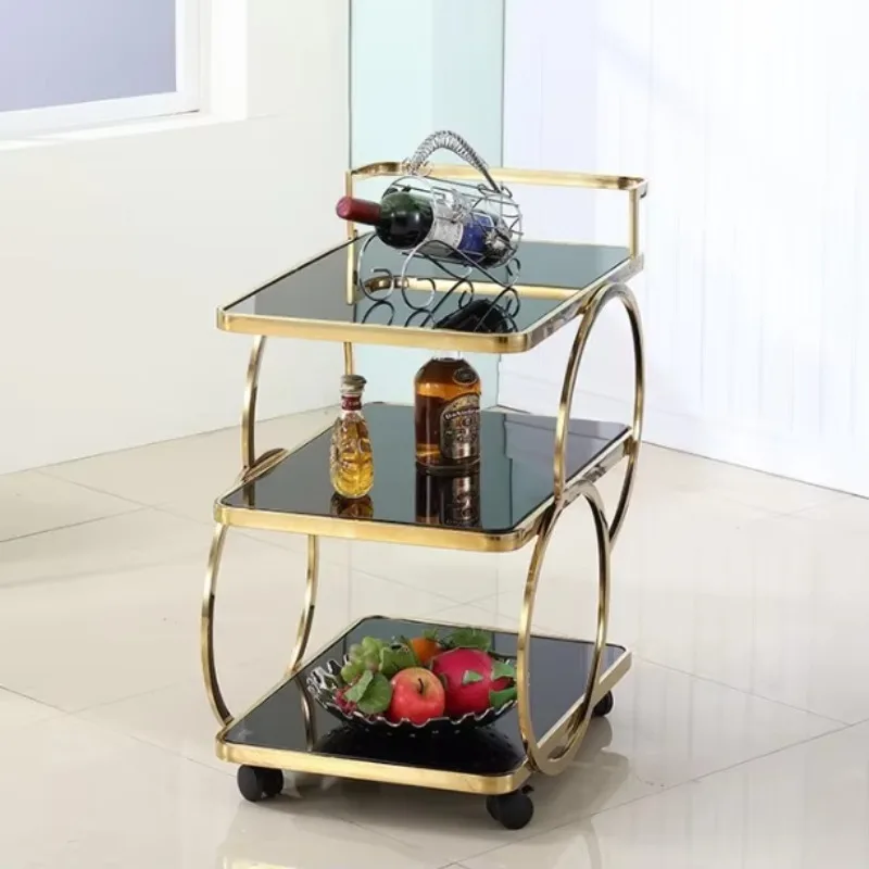 Luxurious Gold and Silver Metal Glass Tea and Wine Food and Beverage Service Trolley bar Trolley Hotel Restaurant Wedding Party
