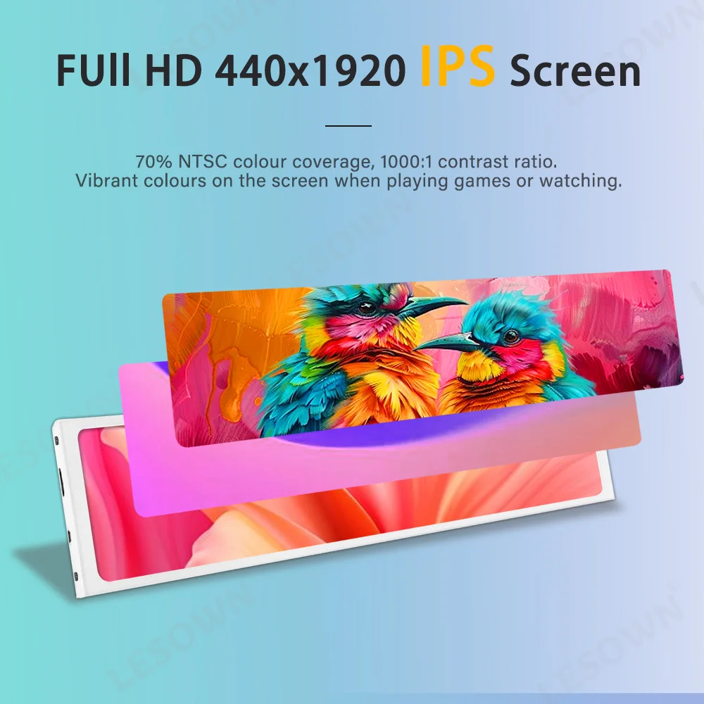 LESOWN 11.3 Inch Stretched Bar Display Portable Monitor 440x1920 External Secondary Screen for Laptop PC Word Sidebar Monitor