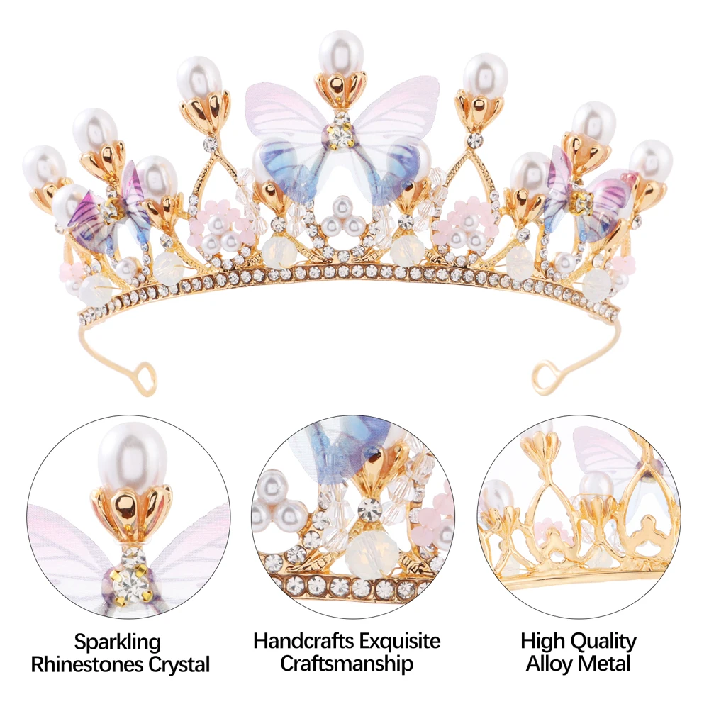 Pearl Crystal Princess Crown Handmade Rhinestone Tiaras for Girls Birthday Wedding Model Catwalk Queen Diadems Butterfly Decor