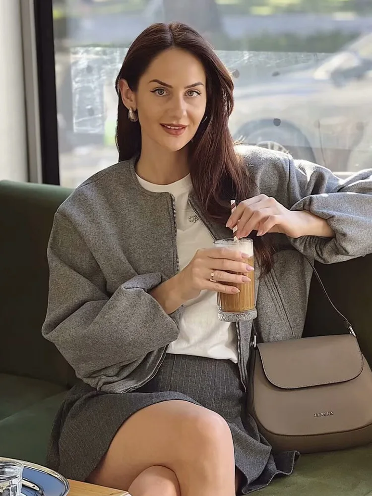 Gray Women Loose Bomber Jacket Vintage Round Neck Long Sleeve Short Coat High Street Autumn Winter Female Coat New In Outerwear