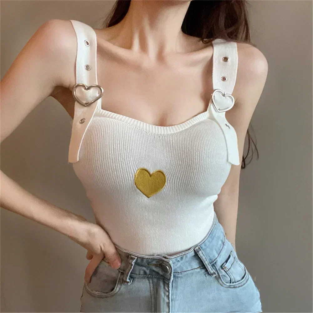 2024 Women Knitted Crop Top Adjustable Shoulder Strap Heart Print Camis Summer Sexy Sleeveless Tank Tops Female