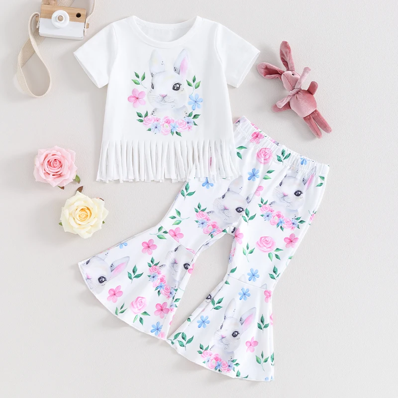 My First Easter Baby Girl outfit camicia a maniche corte top e Bunny stampa floreale pantaloni a zampa di elefante Set fascia per capelli