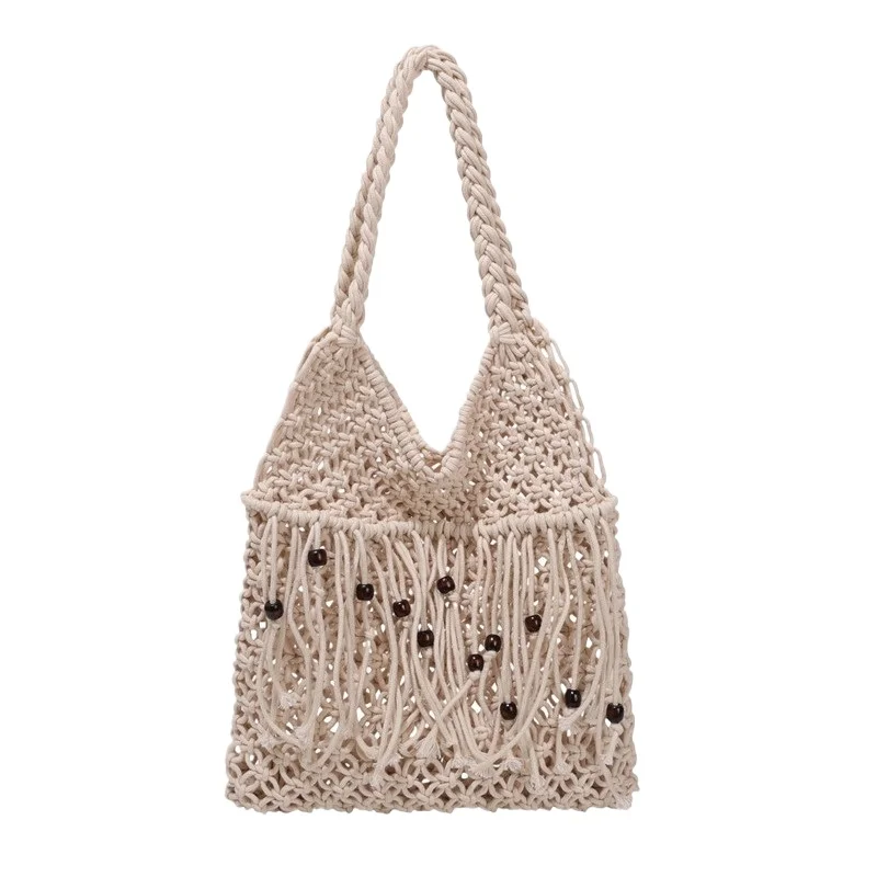 

Women's Straw Tassel Drawstring Shoulder Bag with Breathable Openwork Lightweight Large Capacity Travel Outdoor
