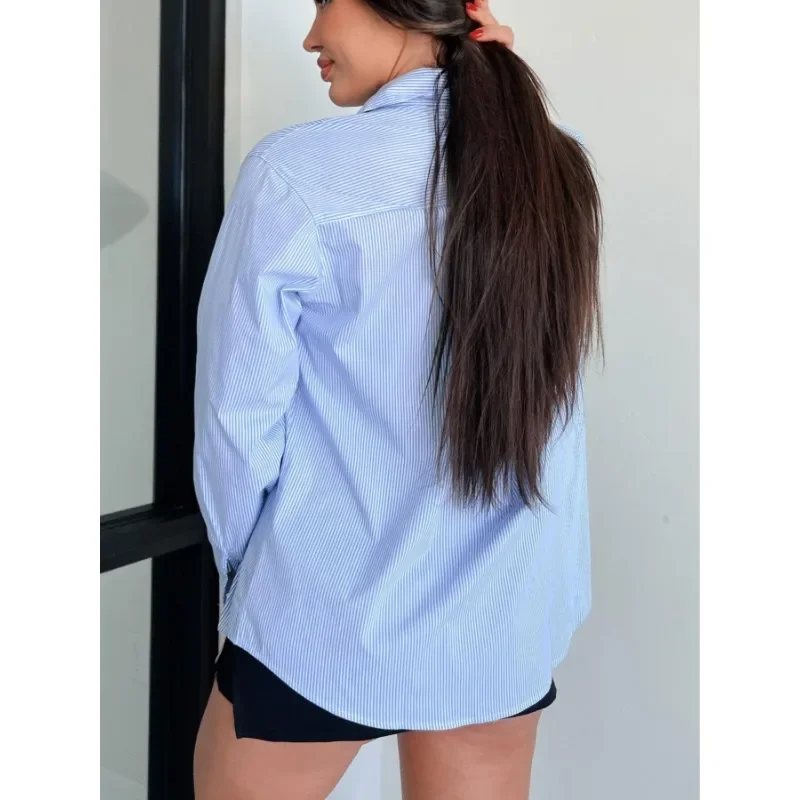 Camisa estampada a rayas para mujer, camisa informal cómoda y versátil con bolsillo y lazo, talla grande 1XL-5XL