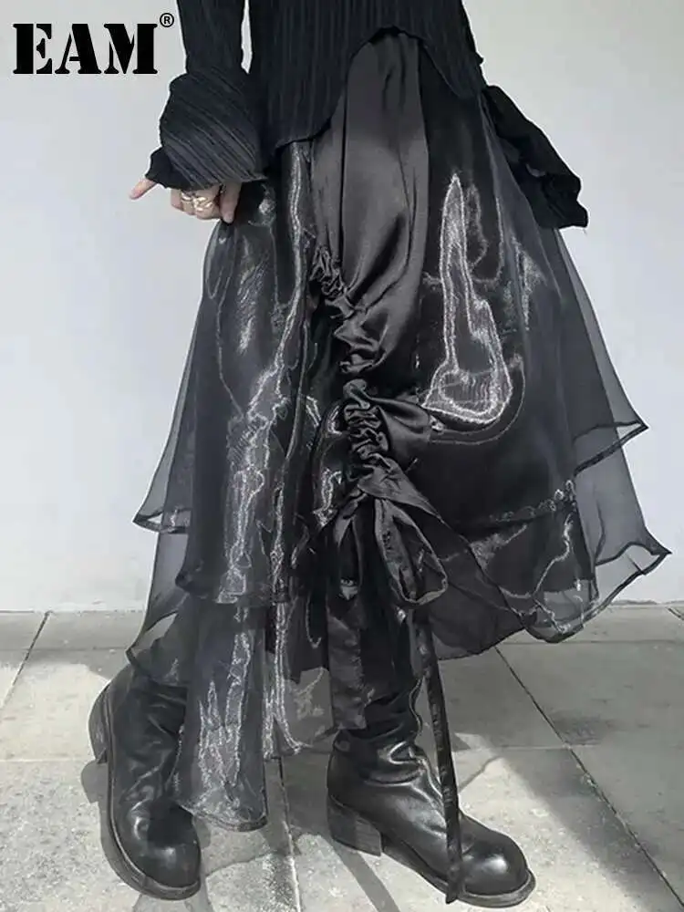 EAM с высокой эластичной резинкой на талии, нерегулярная органза, длинная повседневная черная юбка до половины тела, женская мода, новинка весны и осени 2025 1DF8320 EAM с высокой эластичной резинкой на талии, нерегулярная органза, длинная повседневная черная юбка до половины тела, женская мода, новинка весны и осени 2025 1DF8320