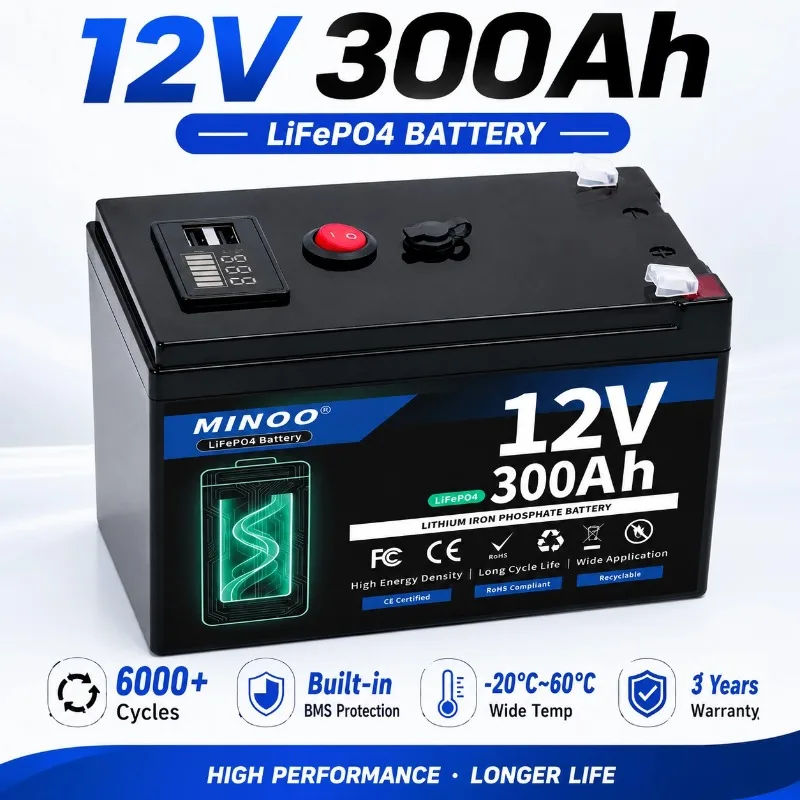 12V 300Ah LiFePO4 lithium Battery, Deep 6000+Cycle Built-in BMS for camping power supply, boat, spray, e-wheel, fish finder