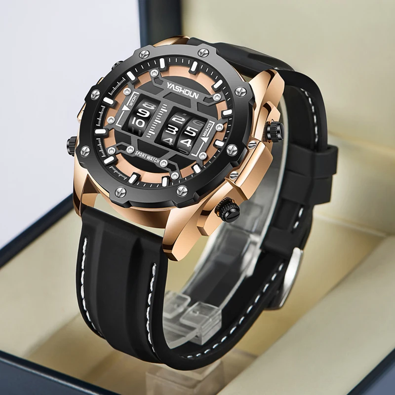 

YASHIDUN мужские кварцевые часы с роликовым цифровым циферблатом, силиконовый ремешок, универсальные наручные часы, водонепроницаемые военные спортивные часы