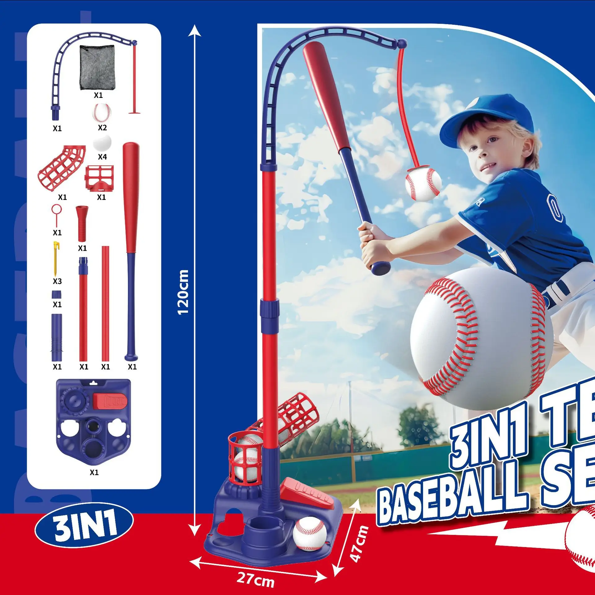 3 in 1 T Ball Set for Kids Baseball with Hanging Tee/Standing Tee/Automatic Launcher/6 Softballs Indoor Outdoor Sport Gifts Toys