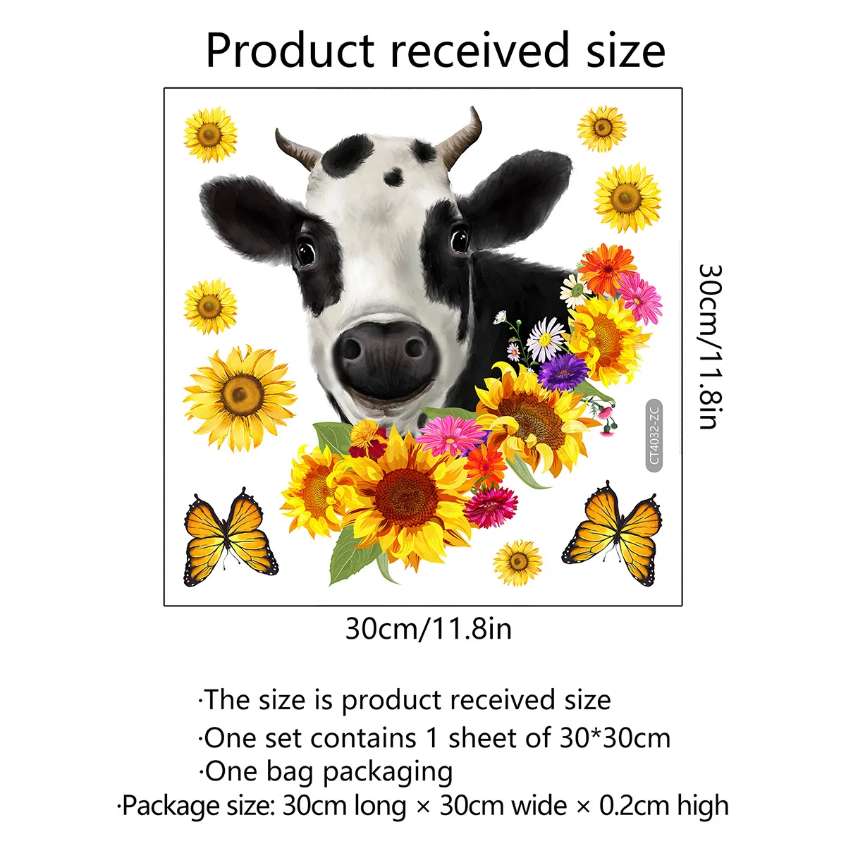 30*30cm Dairy Cow Sunflower Butterfly Wall Sticker Window Living Room Bedroom Study Restaurant Decoration Wall Sticker Ct4032