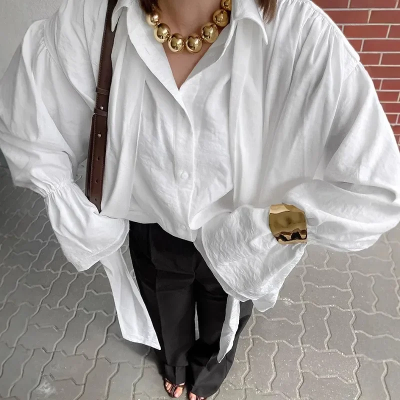 

Autumn and Winter Commuting Crepe Material White Fashionable Flared Sleeve Loose Design Feeling Tied Casual Versatile Shirt