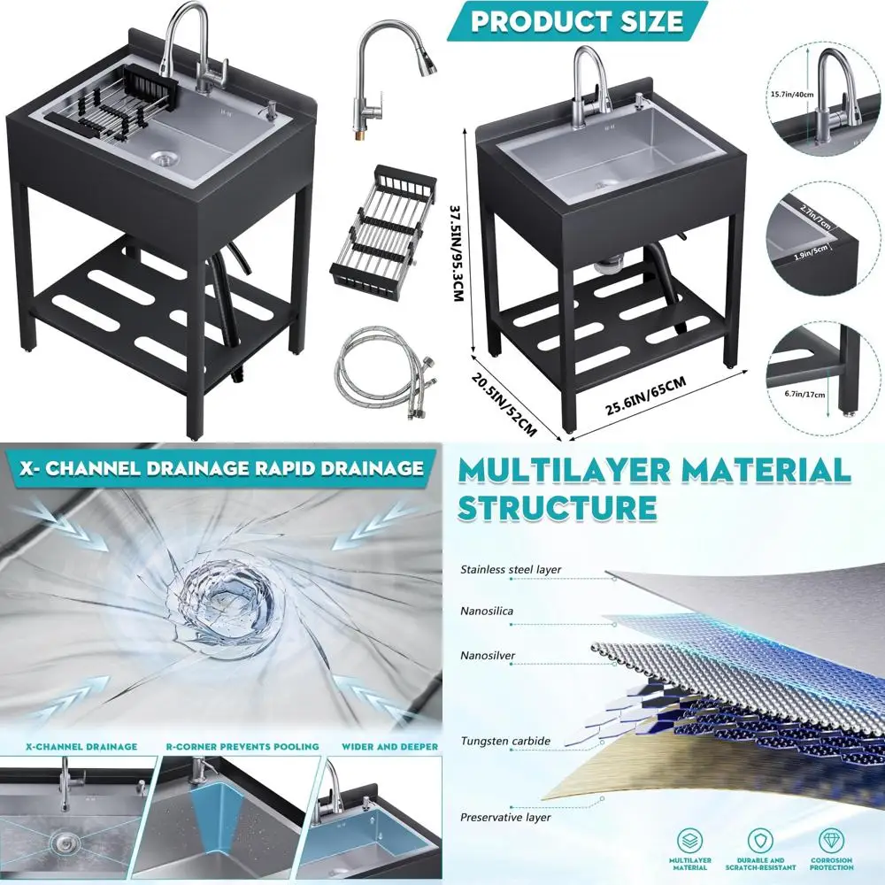 

Commercial Stainless Steel Utility Sink Single Bowl with Pull-Out Faucet for Kitchen Use, Ideal for Large Kitchens and Heavy Dut