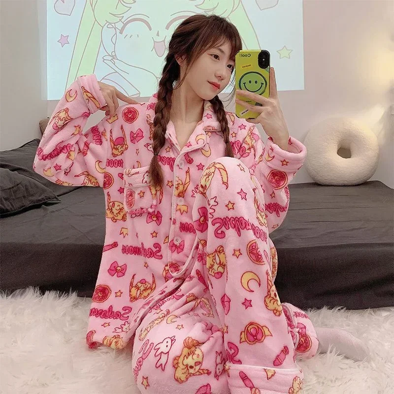 Sailor Moon cartoon flannel pajamas women\'s autumn and winter new kawaii long-sleeved cardigan two-piece thick home service gift