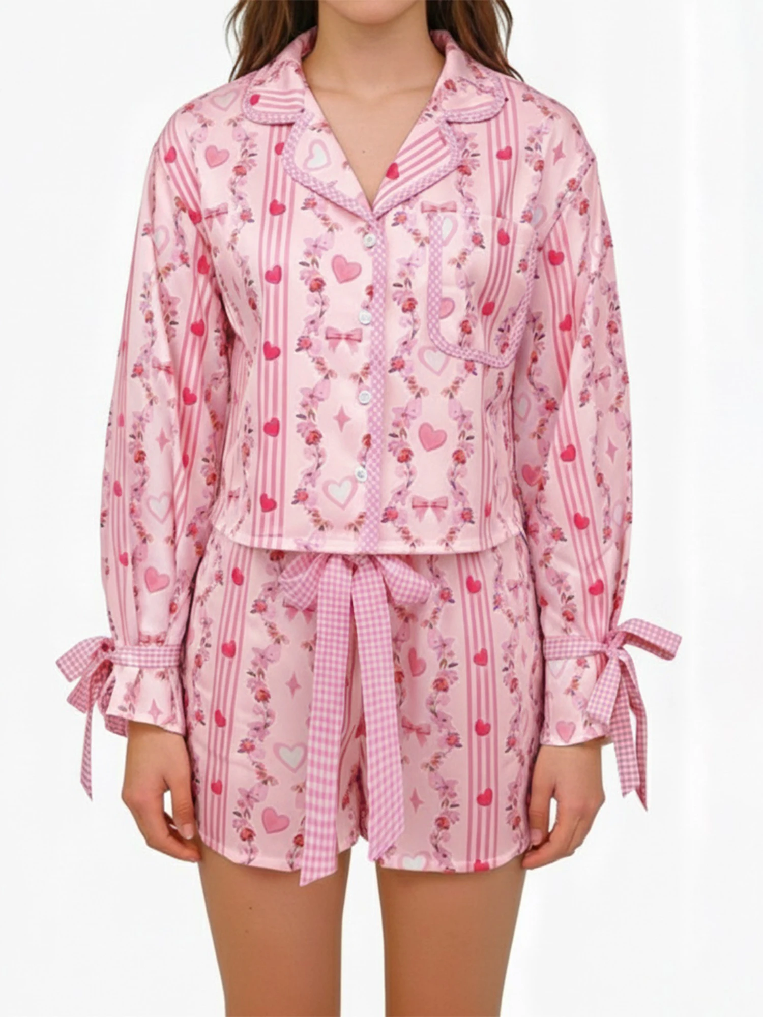 

Женский пижамный комплект на День святого Валентина с принтом в виде сердечек и цветов, топ с длинными рукавами и шорты, домашняя одежда для сна.