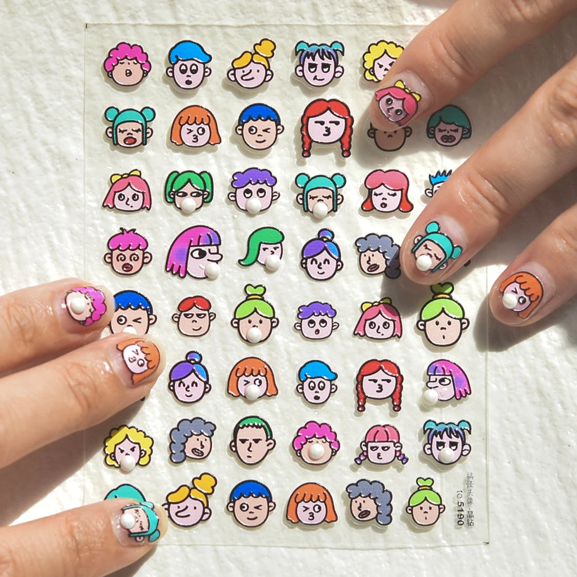 

Cute Cartoon Girls Boys Portrait Blow Bubbles Colored Hair Different Hairstyles Head Sculpture Nail Art Stickers Manicure Decals