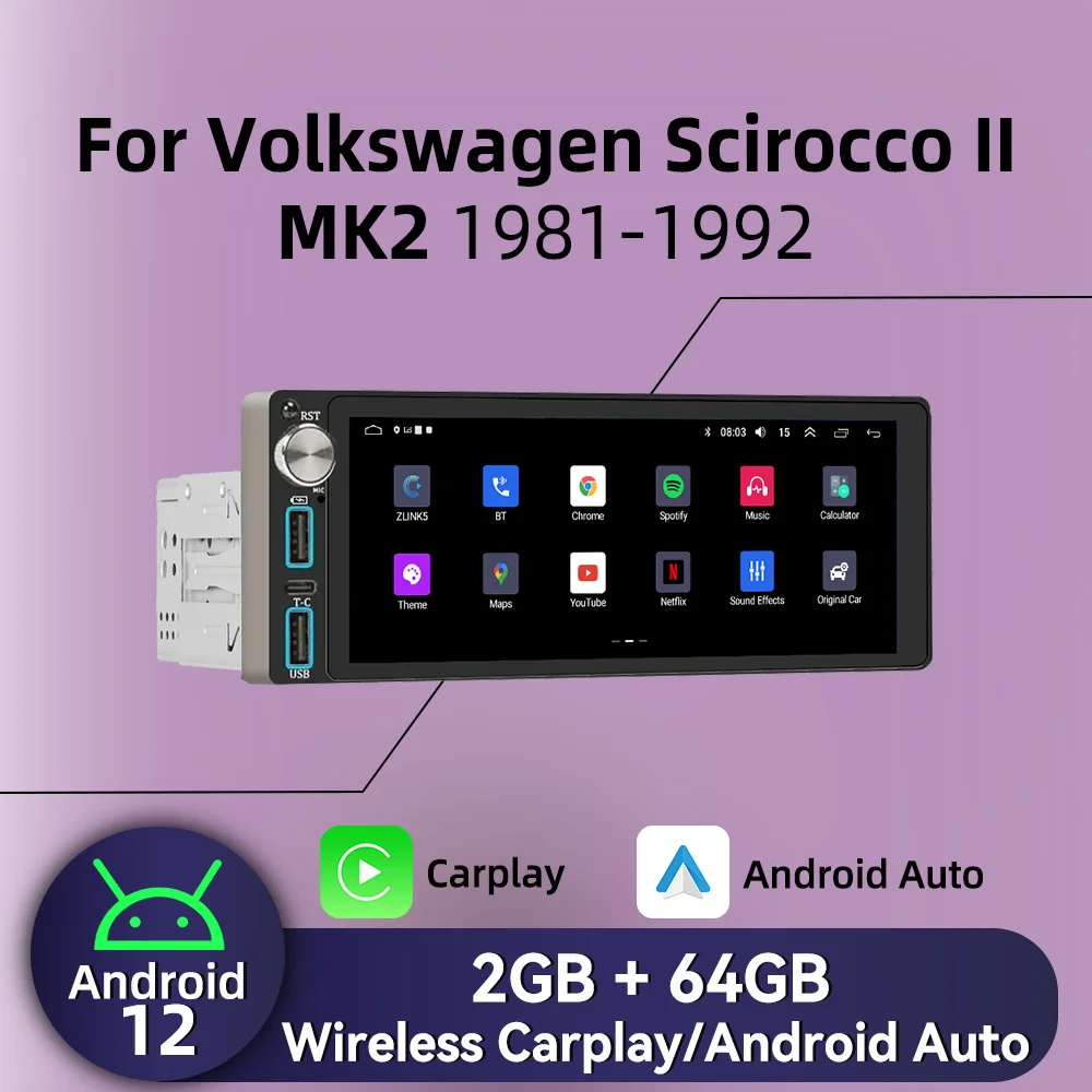 

Carplay Autoradio 6.86" 1Din Radio Android Car Multimedia for VW Volkswagen Scirocco 2 II MK2 1981-1992 Stereo Head Unit GPS