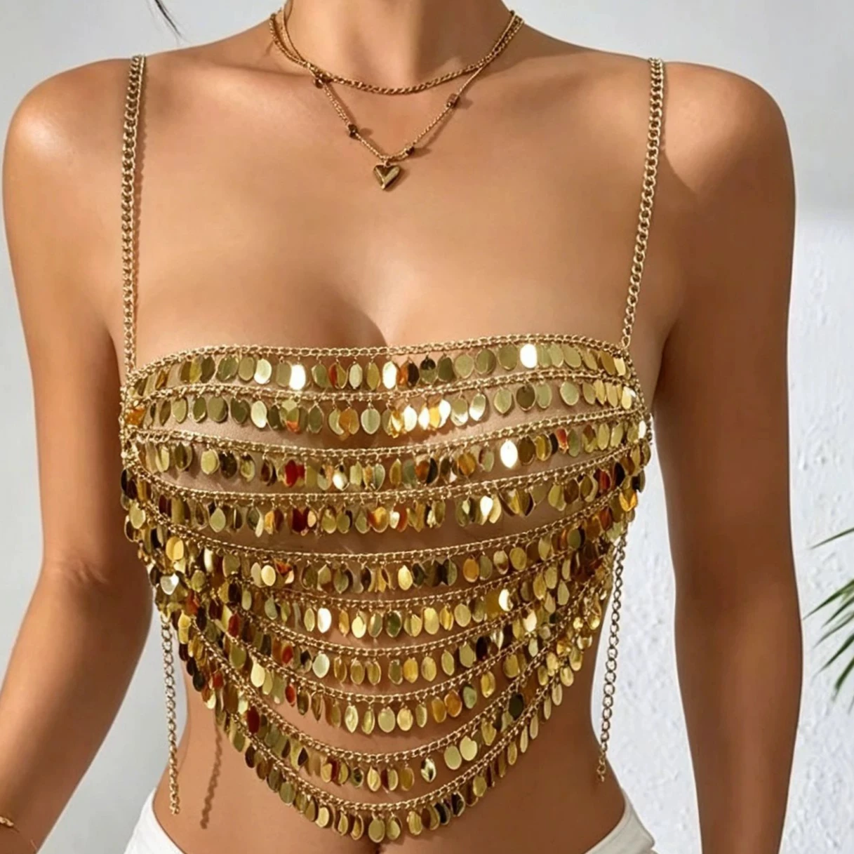 Gold Metal Halter Camis Tops Bra Chain for Women Blingbling Night Club Outfit Vest Tank Sexy Body Chain Party Bikini Body Chains