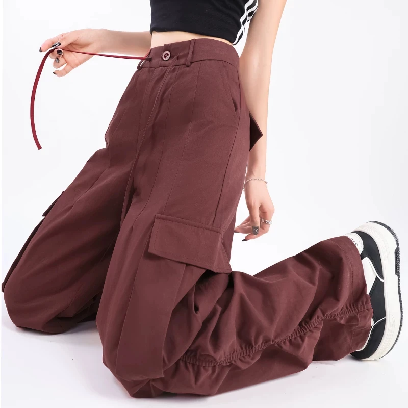 Women's Burgundy Cargo Pants Wide Leg Multi-Pocket Loose Fit High Waist Utility Casual Streetwear Trousers