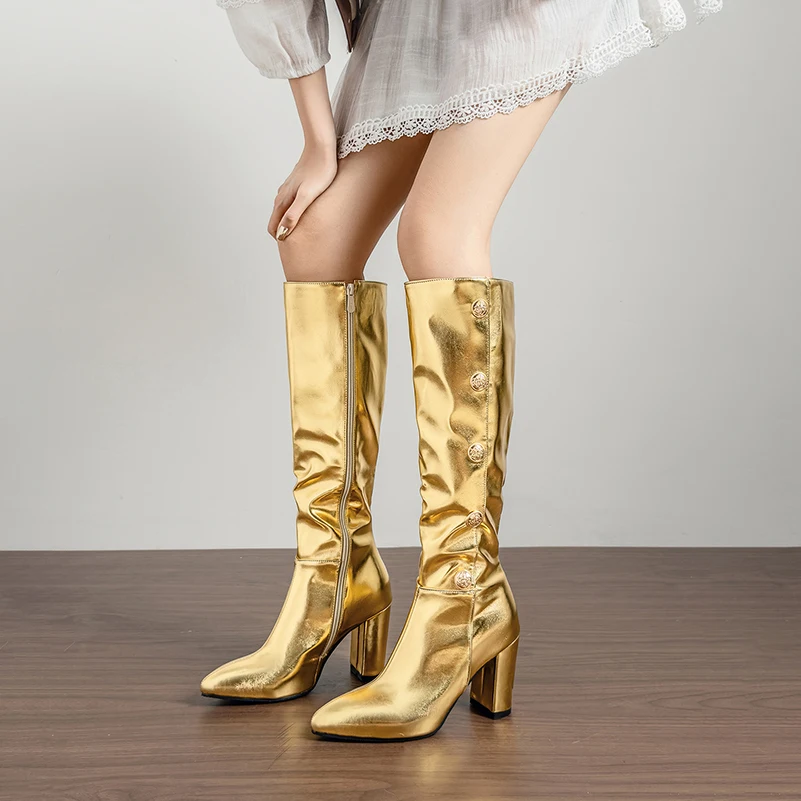 plus-size-women-metallic-knee-high-boots-microfiber-upper-thick-fuzzy-lining-pointed-toe-side-zipper-gold-button-winter-boots