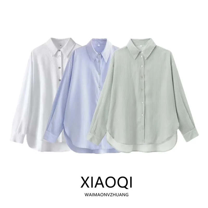 

Spring 2024 Women's Loose Linen irt Versatile Slimming Ne Long Sve Regular Length Pure Color Faionable Casual
