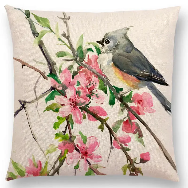 Watercolor Lovely Birds Cushion Cover Robin Tit Finch Hummingbird Goldfinch Sparrow Prints Pillow Case