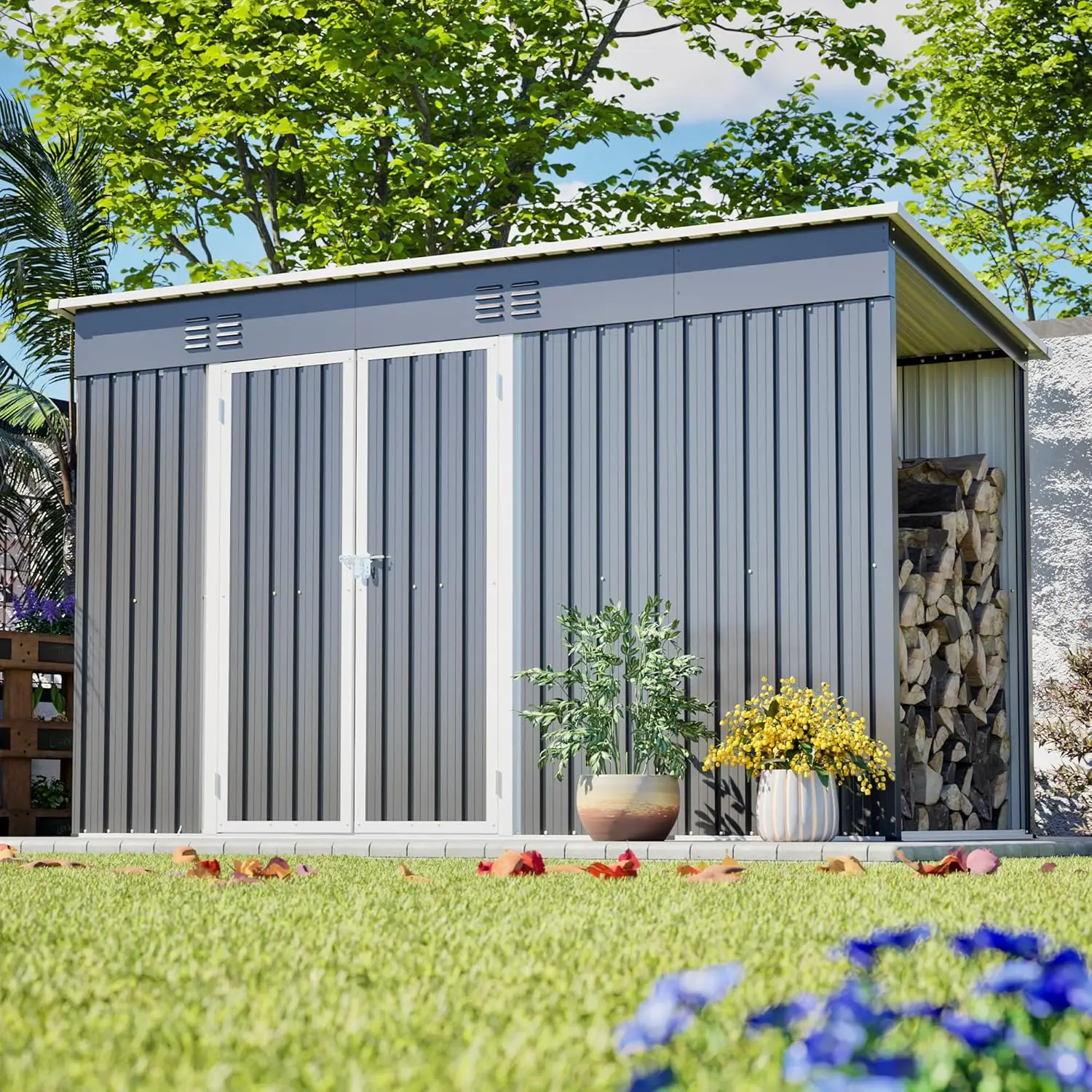 

Waterproof 2-in-1 Garden Storage Shed 10x4ft Lockable Door Floor Frame Galvanized Steel Backyard Patio Lawn Bike Customized