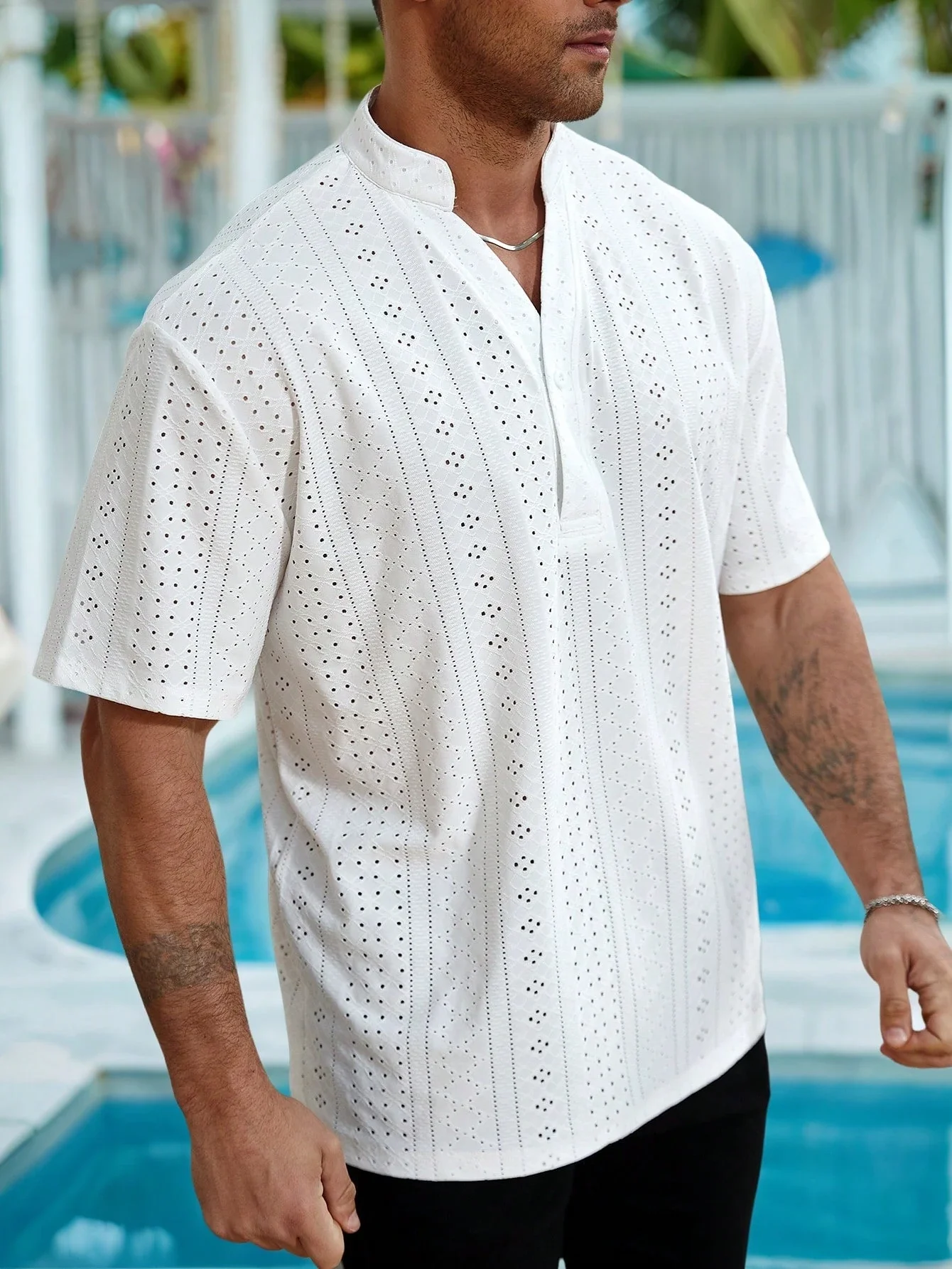 

Men's White Solid Short Sleeve Casual Shirt With Eyelet Pattern