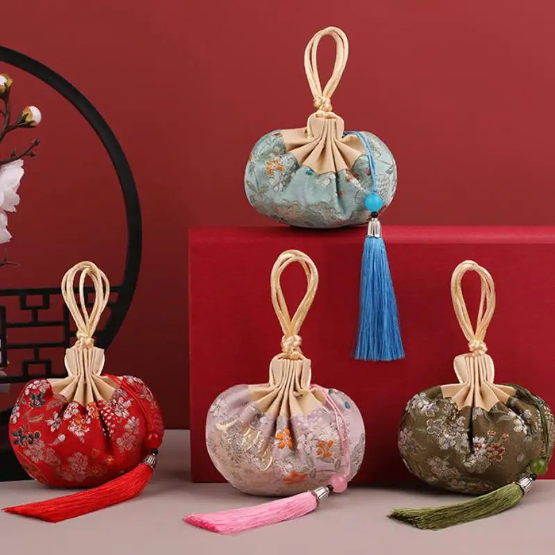 Chinese Style Drawstring Cloth Jewelry Storage Pouch Multi Color Tassel Flower Pattern Empty Sachet Purse Organizer Holder