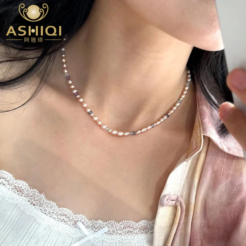 

ASHIQI Natural Freshwater Pearl Natural Fluorite Necklace 925 Sterling Silver Necklace for Women