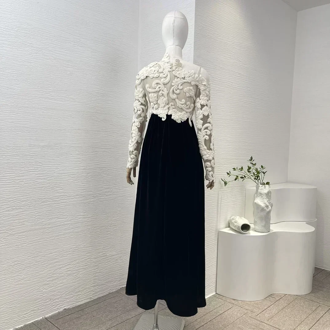 2023 Latest New High Quality Vintage Luxury Lace Patchwork Shoulder Cut Out Full Sleeve Women Black Midi Dress for Holiday