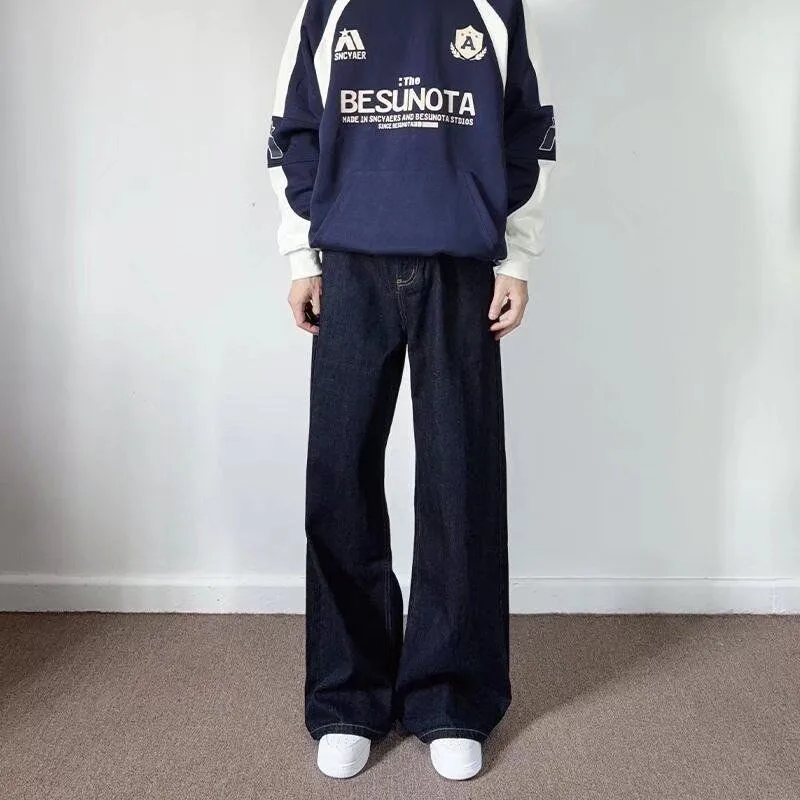 

Мужские синие свободные широкие джинсы, повседневные прямые уличные брюки с высокой талией