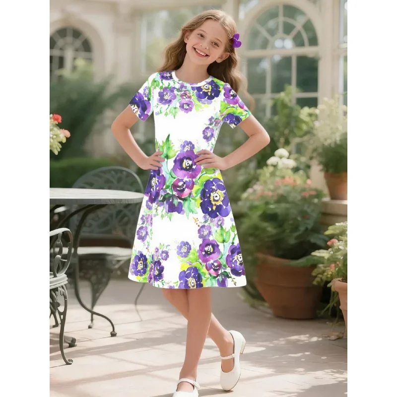 

Girls' Watercolor Style Purple Floral Print Short Sleeve Dress Fresh Pastoral A-Line Skirt Children's Clothing 2026
