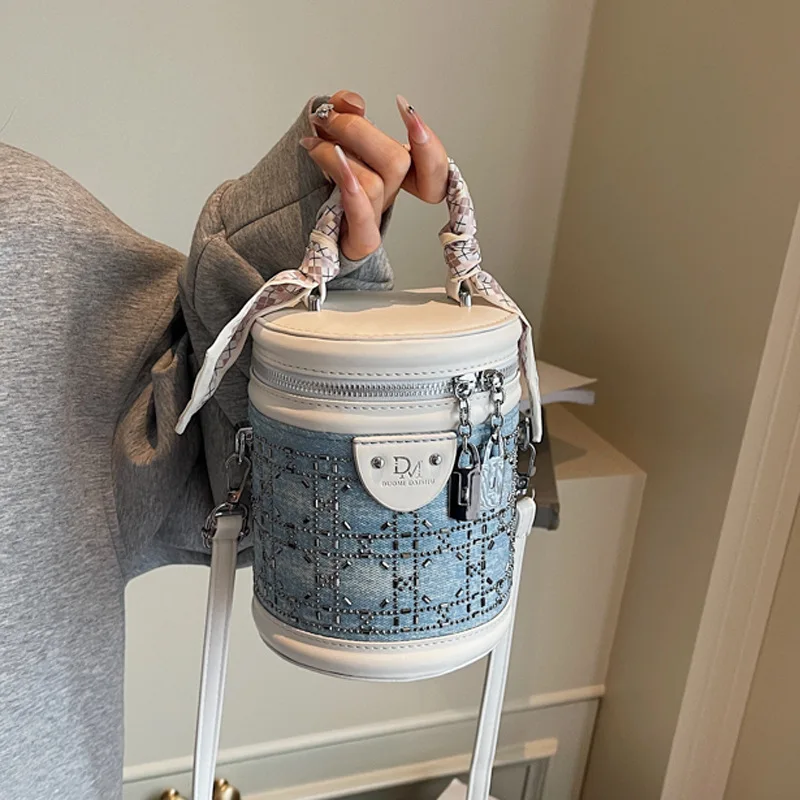 

​​"2025 New Women's Denim Tote Bag Retro Cylinder Bucket Purse Adjustable Shoulder Strap Cute Mini Crossbody for Daily Use"​
