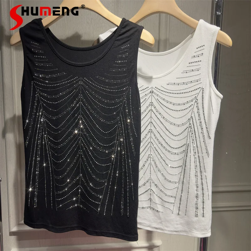 

Women's Rhinestone Full Diamond Cotton Vests Women's New Over Size All-match Feminine Temperament Inner Wear Sleeveless Top