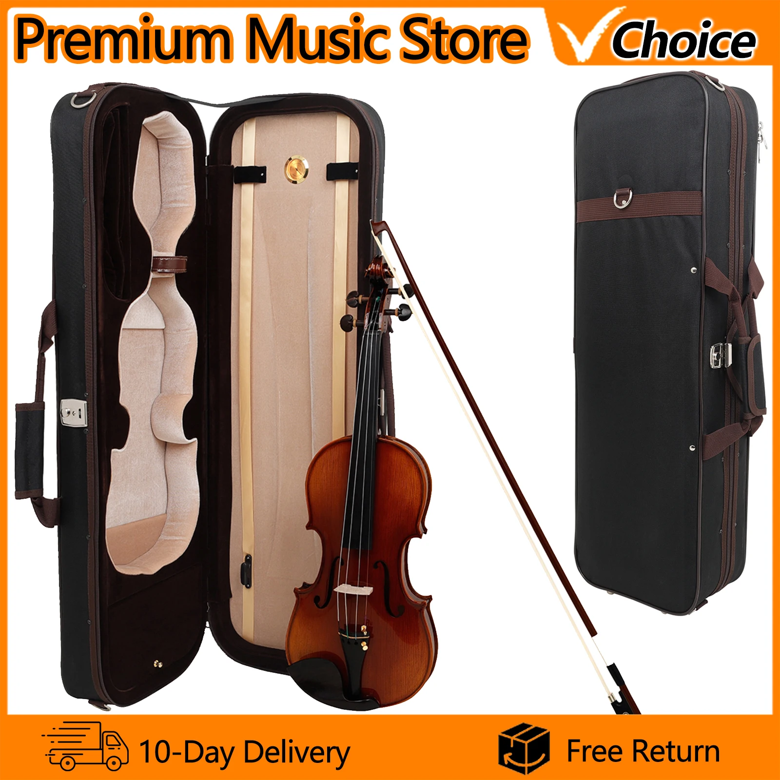 4/4 Violin Case Oxford Fabric with Hygrometer Waterproof Hard Shell Violin Travel Box with 2 Bow Holders Straps & Storage Pocket