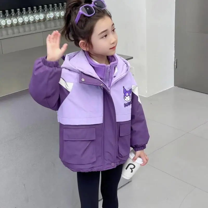 

Sanrio Kuromi куртка на хлопковой подкладке, комплект из 2 предметов, зимняя утепленная толстовка с капюшоном для девочек, теплые топы, детская модная одежда с героями мультфильмов Kawaii