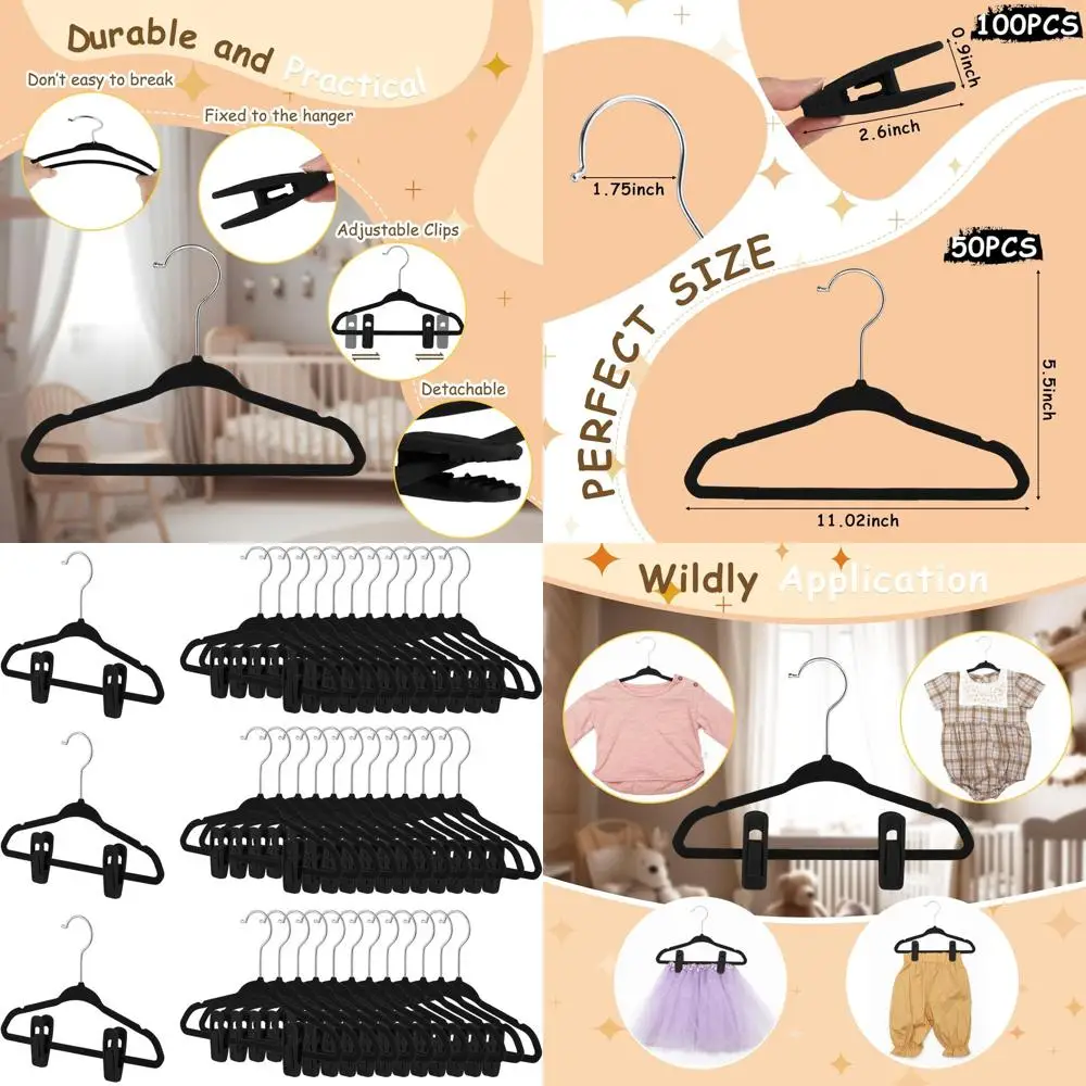 

Комплект из 50 бархатных детских вешалок с 100 зажимами, 11 нескользящих тонких, штабелируемых компактных вешалок для детских шкафов