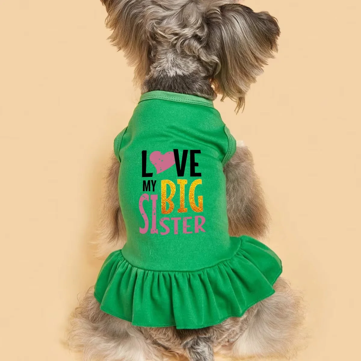 1pc Small Medium Dog Summer Dress, with Pink Heart Glitter "LOVE MY BIG SISTER" Letter Print Sleeveless Ruffle Skirt view 3