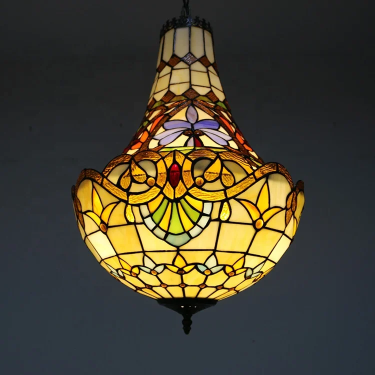 Antique Style Multicoloured Stained Glass Pendant Chandelier Kitchen Lighting Tiffany Baroque Design LED Iron Frame