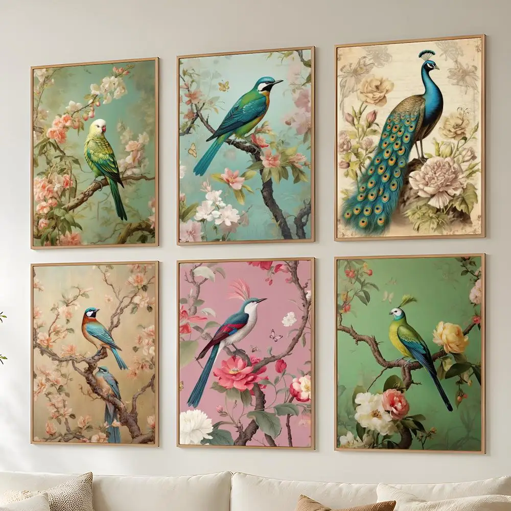 Traditional Chinoiserie Bird Poster Stickers Mural Painting Self-Adhesive Wall Art Decals for Bedroom Living Room Home Decor