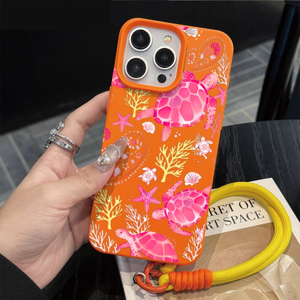 Wrist Strap Case For iPhone 13 14 Pro Max Cases iPhone 11 12 17 ProMax 13 15 Plus XR Coastal Sea ​​Turtle INS With Lanyard Cover