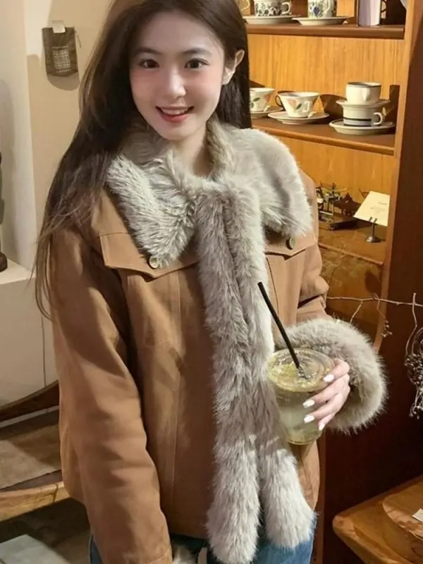 

Retro Sle Women's Faux Fur Jaet Thiened Suede Outerwear Spring New Arrival Ele ort Coat Warm Fluffy Collar