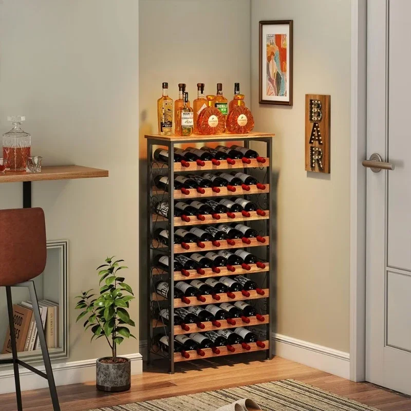 Luxury Industrial Freestanding Wine Cellar Bar Wine Rack Metal Wooden 48 Bottles Wine Rack Freestanding Floor Wooden Top