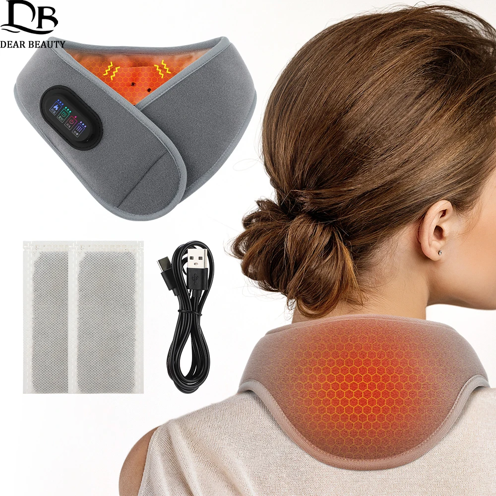 USB Rechargeable Electric Heating Neck Brace Vibration Heated Cervical Massager Pad Hot Compress Neck Massage Wrap Pain Relief