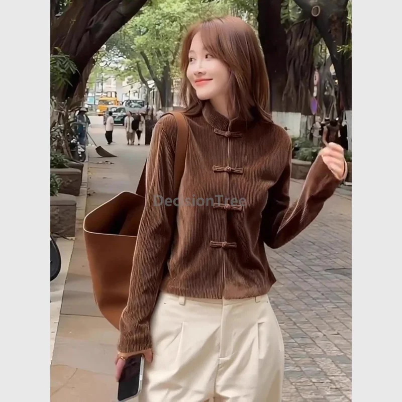 New Chinese-style women's brown stand-collar corduroy buckle top autumn women design casual shirt long sleeve tang suit top