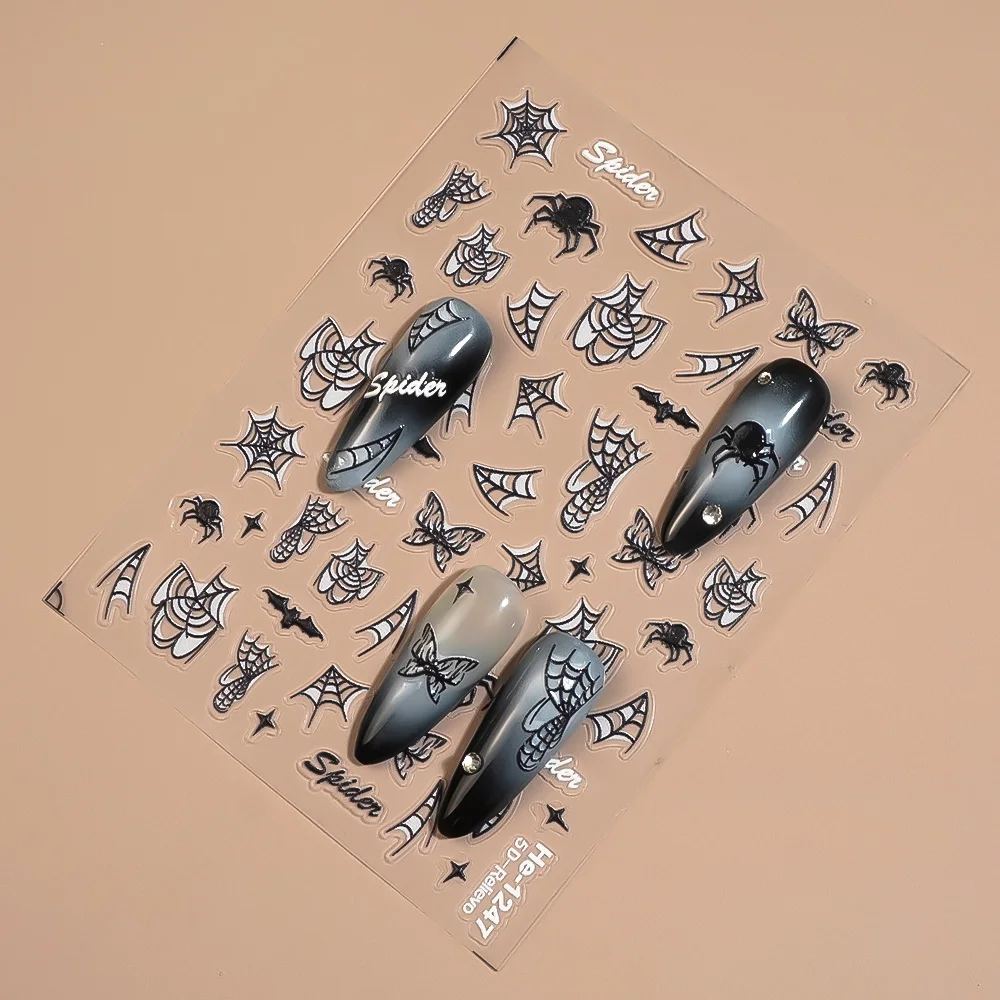 1/5/10pcs Halloween 5D Embossed Nail Art Stickers Spider Webs Bat Butterflies Nail Stickers For DIY Manicure Decoration Decals