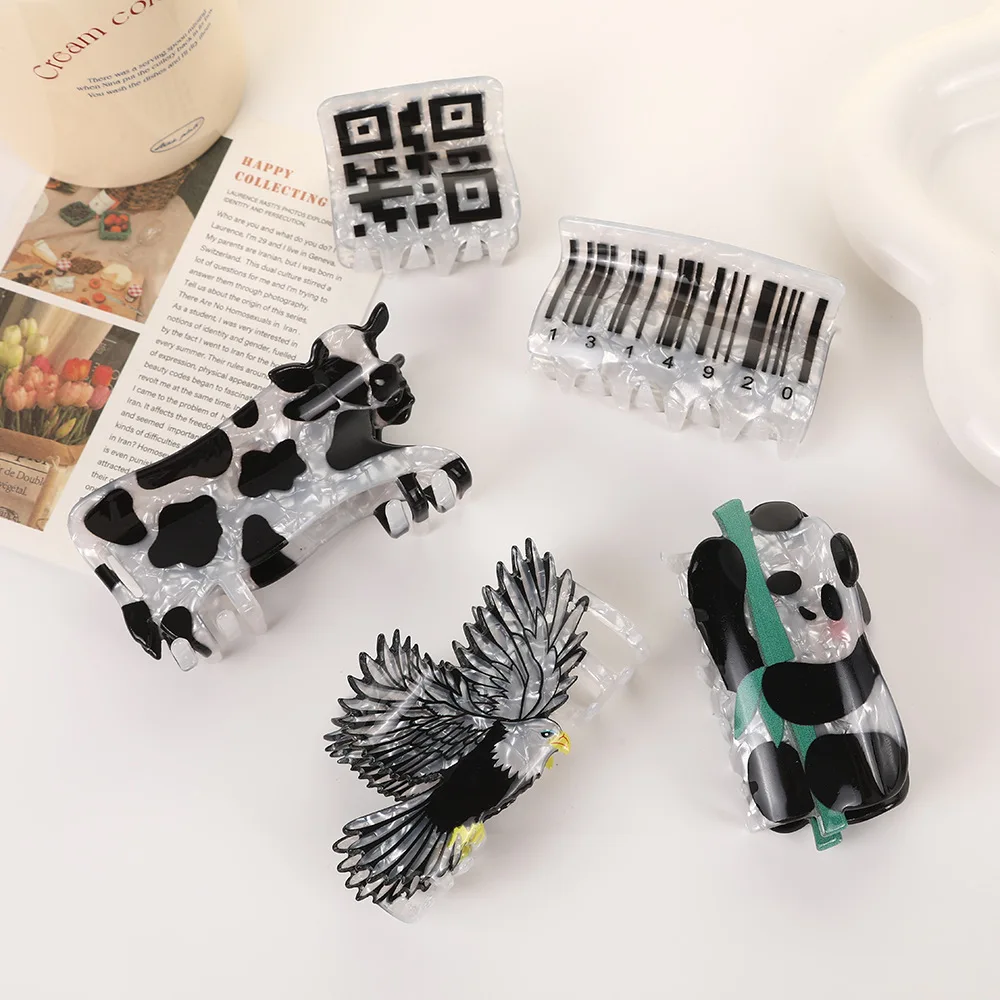 Black White Cartoon Eagle Panda Cow Bar Code Shape Hair Claw Clip For Women New Acrylic Hairpin Hair Accessories Tool Gifts