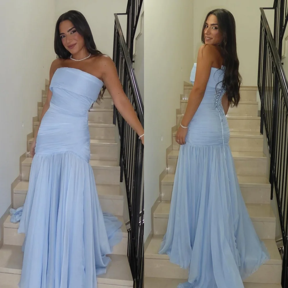 Taglie semplici personalizzate disponibili Abiti lunghi senza spalline a trapezio drappeggiati in chiffon con pieghe increspate Abiti da cerimonia su misura Casual Sexy